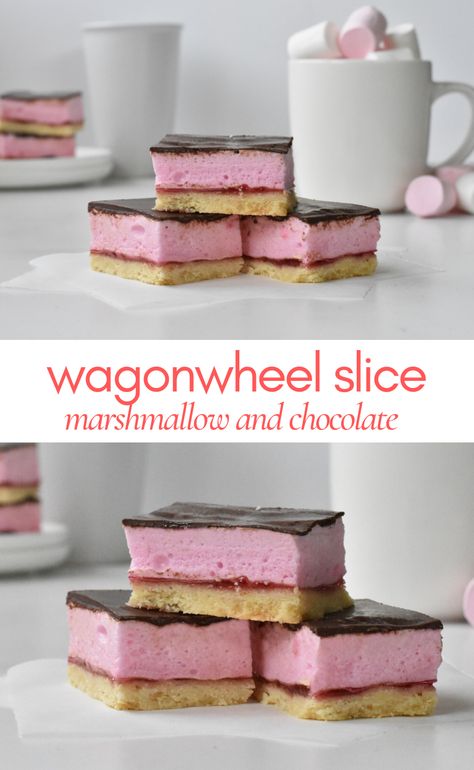 This easy and delicious slice has melt-in-your-mouth layers of soft biscuit, raspberry jam, marshmallow, and chocolate. Sweet Treats To Share, Cakes And Treats, Raspberry Slice Recipe, Quick And Easy Slice Recipes, Easy Slices Recipes, Sweet Slices Recipes, Easy Slice Recipes, Slices Recipes Easy, Easy Kids Baking