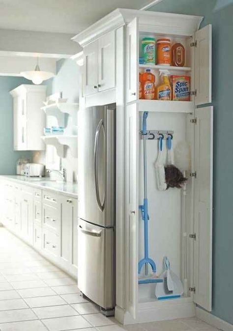 Add a cabinet to any dead space in your kitchen or laundry room for cleaning supplies. White Kitchens, Slim Bathroom, Kitchens Ideas, Laundry Design, Hemma Diy, Homemade Cleaning, Diy Casa, Kraf Diy, Toilet Design