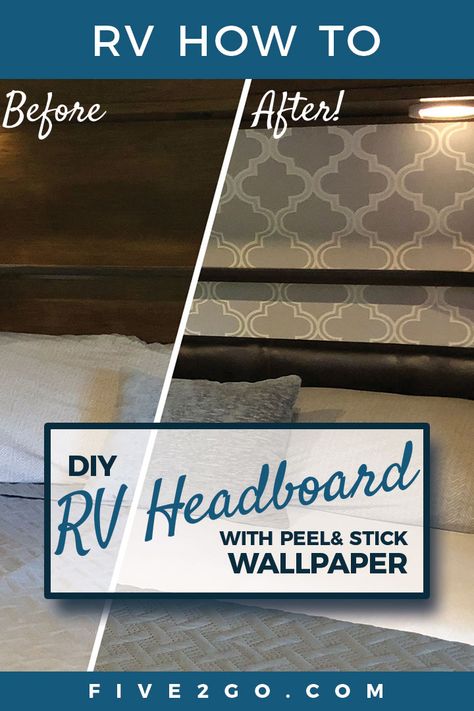 Camper Headboard Remodel, Rv Headboards Ideas, Rv Headboard Ideas Diy Projects, Wallpaper Rv Interior, Diy Rv Headboard Ideas, Peel And Stick Wallpaper In Rv, Camper Headboard, Rv Peel And Stick Wallpaper, Rv Headboard