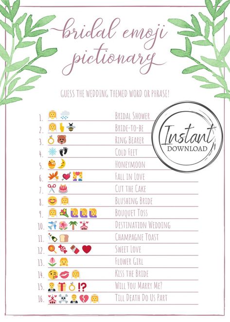 Bridal Shower Games Printable Emoji Game Emoji Pictionary | Etsy Bridal Pictionary Game, Emoji Pictionary Bridal Shower Game, Bridal Emoji Pictionary Answers, Wedding Emoji Pictionary, Bridal Shower Emoji Game Free Printable, Wedding Emoji Game, Bridal Shower Emoji Pictionary, Bridal Emoji Game, Bridal Shower Game Printables