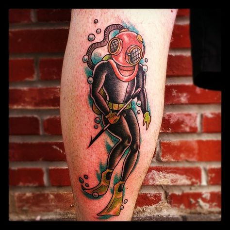 On @retrokc #tattoo #tattoos #oldschool #scuba #diver #spear by ink.or.die, via Flickr Old School Scuba Diver Tattoo, American Traditional Diver Tattoo, Traditional Scuba Diver Tattoo, Traditional Diver Tattoo, Diver Tattoos, Aquatic Tattoos, Scuba Diver Tattoo, Aquatic Tattoo, Scuba Tattoo