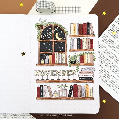 ✨️November theme reveal 📚✨️ So for this month I decided to go for a cozy home library theme! This cover page was inspired by the talented… | Instagram Bujo Cover Page Ideas, November Bujo Cover, Bujo Cover Page, November Bujo, Bujo Cover, Cover Page Ideas, Cozy Home Library, White Sakura, Sakura Pigma Micron