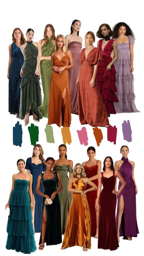 Jewel tone bridesmaids dresses Fall Bridesmaids Dresses, Jewel Tone Wedding Theme, Jewel Tone Wedding Colors, Jewel Tone Bridesmaid, Jewel Tone Dress, Jewel Tone Color Palette, Fall Bridesmaids, Formal Wedding Guests, Bridal Party Outfit