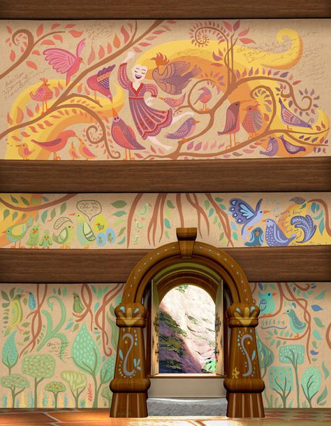 Rapunzel's Paintings Tangled, Rapunzel Mural Painting, Rapunzels Tower Inside, Tangled Rapunzel Bedroom, Rapunzel Wall Painting Tangled Room, Rapunzel Tower Interior, Rapunzel Wall Mural, Tangled Wall Mural, Tangled Wall Art