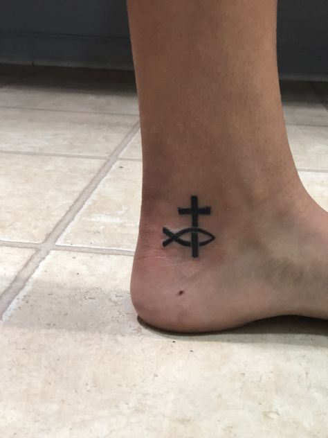 Biblical Fish Tattoo, Ankle Tattoo Inside, Christian Fish Symbol Tattoo, Christian Fish Tattoos, Faith Tattoos, Small Cross Tattoos, Small Back Tattoos, Biblical Tattoos, Bible Tattoos