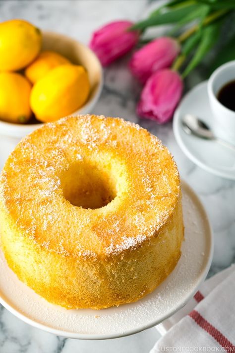 Take advantage of the citrus season and make this delicate Meyer Lemon Chiffon Cake cake that guarantee to brighten up your day! #meyerlemon #chiffoncake | Easy Japanese Recipes at JustOneCookbook.com Lemon Chiffon Cake, Citrus Smell, Japanese Cake, Easy Japanese Recipes, Lemon Icing, Measuring Ingredients, Lemon Chiffon, Popular Desserts, Japanese Recipes