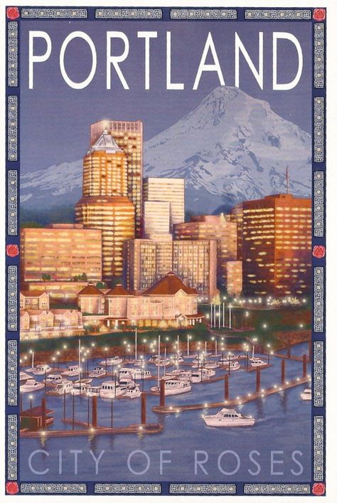 Portland, Oregon.  Great pubs, terrific countryside and lovely people. Basement Adu, Oregon Living, Portland Travel, Skyline At Night, The Oregon Trail, Portland City, State Of Oregon, Retro Travel Poster, Oregon Travel