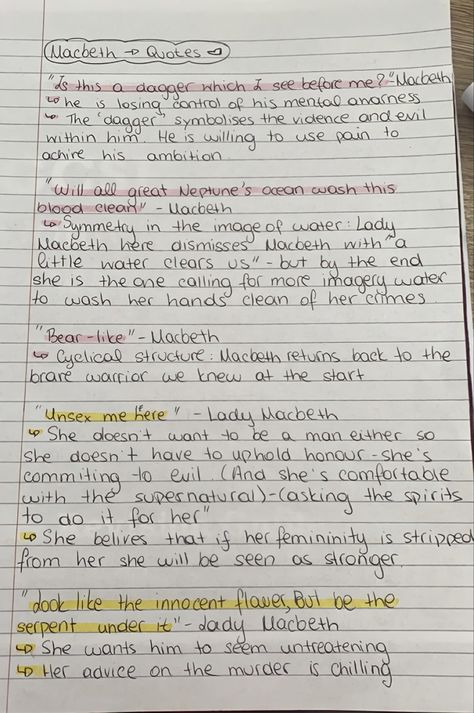 Key Macbeth Quotes, Macbeth Gcse Notes, Macbeth Study Notes, Macbeth Notes Aesthetic, Macbeth Revision Gcse Notes Themes, Macbeth Revision Gcse Key Quotes, Macbeth Revision Gcse Quotes, Macbeth Key Quotes And Analysis, Macbeth Act 1 Scene 2 Annotations