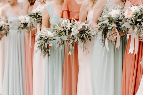 Sage Green And Salmon Wedding, Sage Coral Wedding, Sage Green And Apricot Wedding, Peach And Sage Bridesmaid Dresses, Sage Green And Peach Bridesmaid Dresses, Coral And Sage Wedding Colors, Sage And Pink Bridesmaid Dresses, Sage Green And Coral Wedding, Dusty Coral Wedding