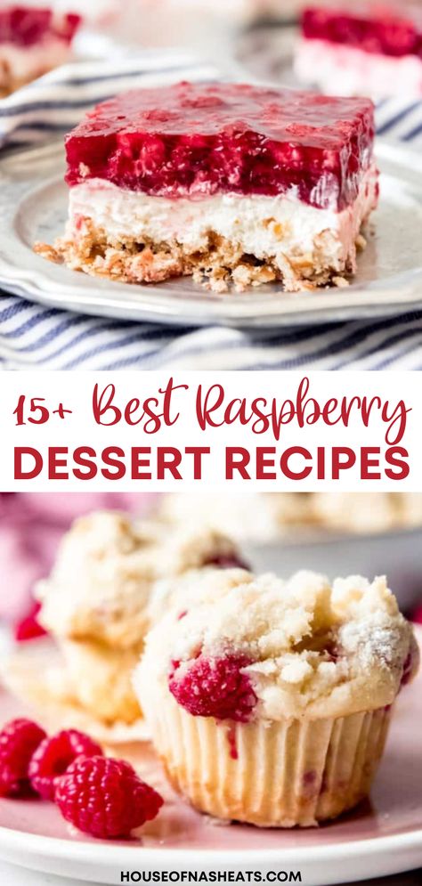 These are some of our favorite raspberry dessert recipes that highlight one of the best fruits of all! There are raspberry cakes and cookies, tarts, pies, macarons, and more! When raspberries are in season, plentiful and sweet, here is some inspiration for a raspberry dessert recipe you are sure to love! | raspberry dessert recipes easy | raspberry dessert ideas | raspberry desserts easy | raspberry desserts aesthetic | homemade raspberry desserts | summer dessert recipes raspberry Easy Raspberry Tart Recipes, Easy Raspberry Sauce, Dessert Recipes Using Fresh Raspberries, Easter Raspberry Dessert, Best Raspberry Recipes, Fresh Raspberry Recipes Gluten Free, Raspberry Bar Cookies Recipes, Raspberry Marshmallow Dessert, Gluten Free Desserts Raspberry