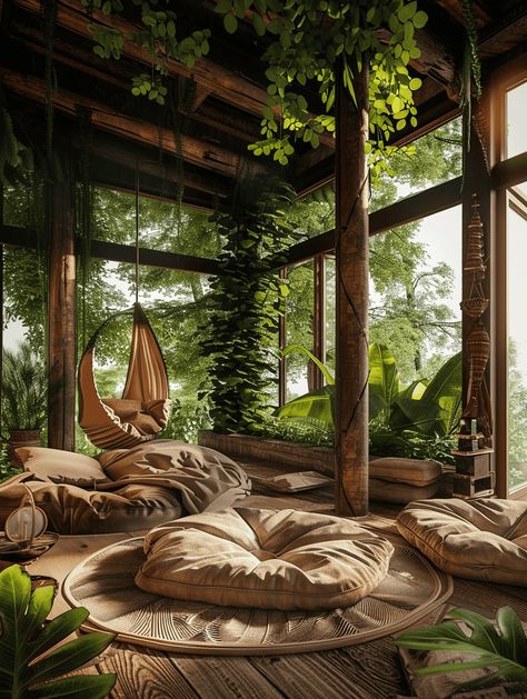 Boho Treehouses: Meditation Space with Floor Cushions and Lush Greenery Treehouse Living Room, Cozy Treehouse Aesthetic, Luxury Treehouse Interior, Boho Design Living Room, Tree Inside House Interiors, Forest Green Room Ideas, Room Ideas Forest, Nature Home Aesthetic, Forest Green Room