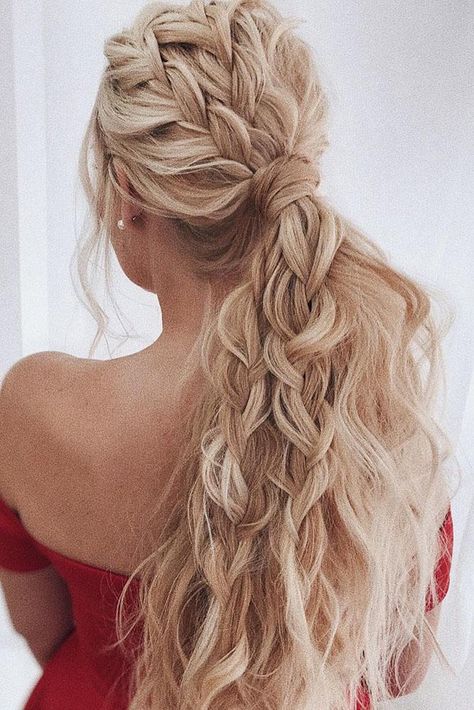 wedding hairstyles for long hair beach wavy volume ponytail with braids belaya_lyudmila Bachelorette Party Hairstyles Brides, Unique Bride Hairstyles, Texas Hairstyles, Fancy Braided Hairstyles, Maid Hairstyles, Formal Braided Hairstyles, Banquet Hairstyles, Hoco 2022, Extension Styles