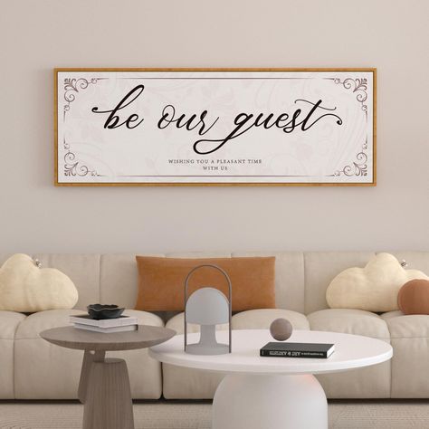 PRICES MAY VARY. ✿【Size and detail】: This large canvas measures 41" x 15" to provide plenty of visual impact in the home. Every detail in the painting has been carefully painted, whether it is bright colors or delicate textures, to bring you a great viewing experience. ✿【Unique meaning】: "Be Our Guest" is not just a painting, it also carries a life attitude and meaning. The integration of this emotion and meaning makes this hanging painting not only a visual enjoyment, but also a kind of spiritu Spare Bedroom Wall Decor, Decor Behind Bed, Over Bed Wall Decor, Bed For Bedroom, Wall Decor Above Bed, Be Our Guest Sign, Downstairs Bedroom, Space Between Us, Decor Above Bed