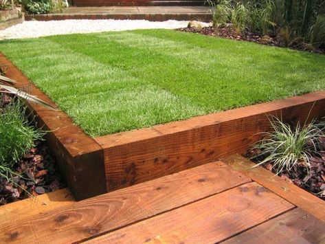 Timber Garden Edging, Railway Sleepers Garden, Sleepers In Garden, Garden Stream, Elegant Landscape, Railway Sleepers, Wooded Landscaping, Garden Edging, Back Garden