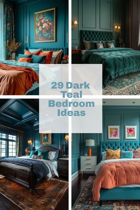 Does the color of your bedroom truly reflect your personal style and desired mood? Imagine immersing yourself in the deep, soothing hues of dark teal, a color that combines the calm of blue with the rejuvenating energy of green. Ocean Abyss Behr Master Bedrooms, Peacock Blue Room Ideas, Relaxing Blue Bedroom Ideas, Teal Bedframe Bedroom Ideas, Blue Jewel Tone Bedroom, Emerald Green And Teal Bedroom, Teal Bed Bedroom Ideas, Teal Bedrooms Master, Navy Blue And Emerald Green Bedroom