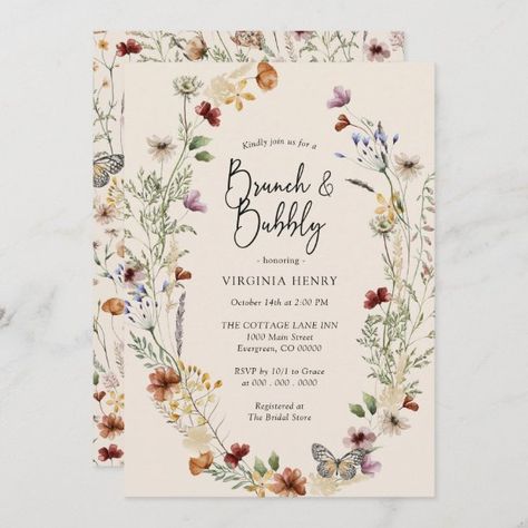 Floral Brunch and Bubbly Invitation Boho Wildflower Wedding, Fall In Love Bridal Shower, Bridal Luncheon Invitations, Fall Bridal Shower Invites, Wildflower Wedding Invitations, Boho Wildflower, Watercolor Wildflowers, Boho Wedding Flowers, Couples Shower Invitations