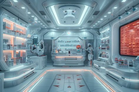 Futuristic medical lab with advanced technology, robots, and high-tech equipment, featuring a sleek and clean design stock photography Sci Fi Hospital, Starfield Aesthetic, Layered City, Futuristic Laboratory, Futuristic Lab, Lab Aesthetic, Robotics Lab, Space Lab, Fantasy Aesthetics