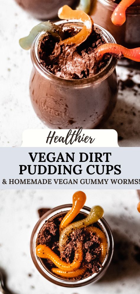 These vegan dirt pudding cups are the perfect healthy Halloween treat! Even the gummy worms, which are made entirely vegan and from fruit and veggie juice. With a rich vegan and dairy free chocolate pudding, topped with vegan chocolate cookie crumbs and filled with homemade veggie gummy warms, these healthier dirt pudding cups are easy, dairy free, gluten free, and fun for kids! Dairy Free Halloween Recipes, Dairy Free Chocolate Pudding, Paleo Chocolate Pudding, Vegan Halloween Desserts, Worm Cake, Dirt Cups Recipe, Dirt Pudding Cups, Gluten Free Halloween Treats, Pudding Cup Recipes