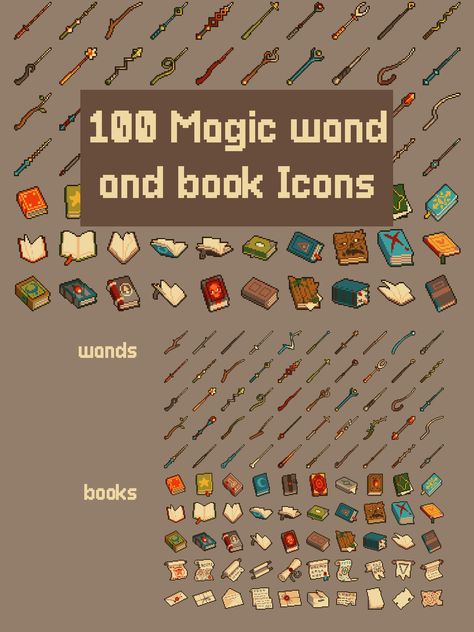 Magic Wand and Book Icon Pack Book Pixel Art Icon, Pixel Fantasy Art, Magic Pixel Art, Pixel Art Items, Book Pixel Art, Trickster Online, Pixel Book, Magic Tools, Book Wizard