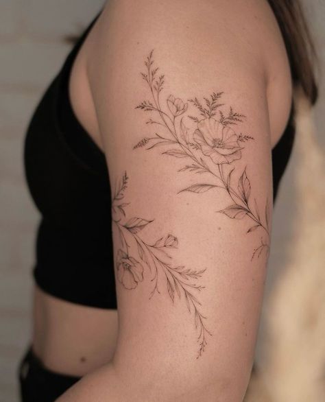 Flower Shoulder Wrap Tattoo, Tattoo Ideas Female Medium Size Arm, Floral Shoulder Collar Bone Tattoo, Viney Floral Tattoos, Antique Flower Tattoo, Lavender Tattoos For Women, Floral Elbow Wrap Tattoo, Partial Arm Sleeve Tattoo Women, Animal Shoulder Tattoos For Women