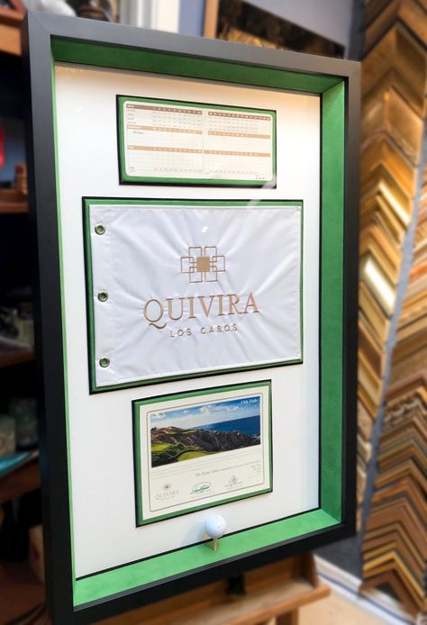 Framing the Ultimate Hole-in-One Golf Ball, Certificate, Flag and Scorecard - Jacquez Art & Custom Framing Golf Flag Display, Sports Memorabilia Display, Golf Trophies, Golf Ball Displays, Golf Flag, Golf Room, Best Jersey, Golf Decor, Flag Display