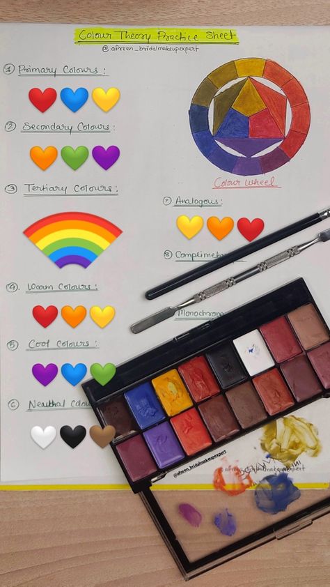 A must-have visual guide for makeup artists and beauty enthusiasts! Discover the secrets of color theory with this handy color wheel and reference chart. 💄

On one side, you'll find a beautifully drawn color wheel, offering a snapshot of primary, secondary, and tertiary colors. Explore the world of warm, cool, neutral shades, and harmonious analogs at a glance with vibrant color emojis.

But it's not just for show! You can download this image to keep on your phone – for reference Colour Wheel For Eye Makeup, Color Theory For Makeup Artists, Color Wheel For Makeup, Color Theory Makeup, Colour Wheel Theory, Advanced Makeup, Makeup Color Wheel, Lipstick Palette, Colour Wheel