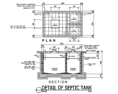 Detail of septic tank plan autocad file, plan and section detail, dimension detail, namign detail, main hole detail, foundation detail, pipe outlet and inlet detail, water level detail, etc. Plumbing Layout Plan, Septic Tank Installation, Septic Tank Design, Commercial Building Plans, Revit Tutorial, Septic Tank Systems, Tank Drawing, Section Detail, Plumbing Layout