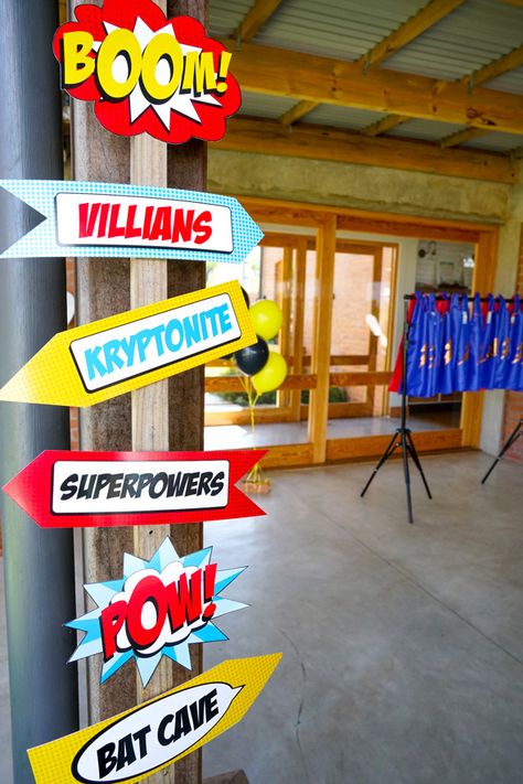 More to apply to super heroes of the Bible - Superhero Birthday Party | Pretty My Party Superhero Theme Decorations, Super Hero Birthday Party Ideas Decoration, Superheroes Theme Party, Superhero Theme Decor, Superhero Birthday Sign, Super Hero Theme Party Decorations, Marvel Theme Party Decoration, Super Héros Birthday Party, Superman Decorations Ideas