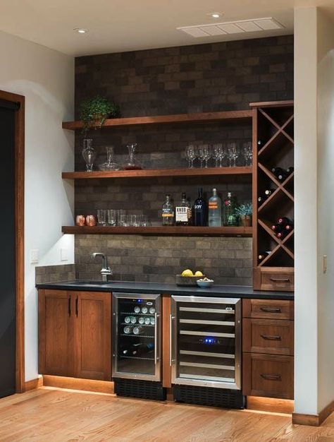 Compact Bar Ideas, Wet Bar With Green Cabinets, Back Wall Bar Ideas, Basement Lighting Ideas Dark Rooms, Mancave Paint Ideas Color Schemes, Open Shelving Bar Area, Rustic Wet Bar Ideas, Walk Up Bar Basement, Small House Bar