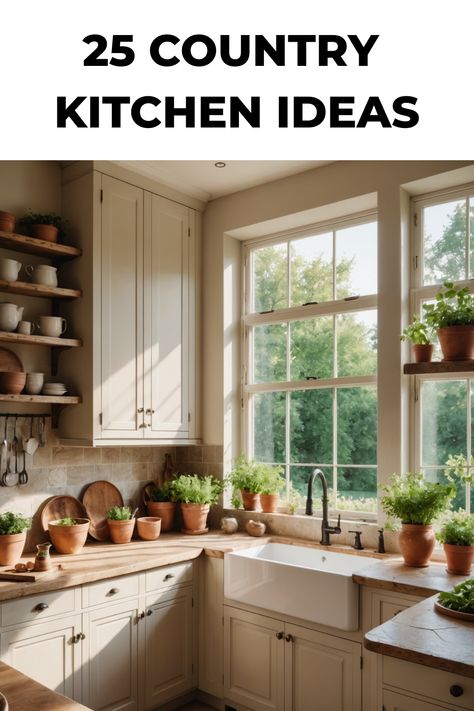 Country-style kitchen with beige cabinets, large window, and potted herbs on countertops. Small Country Kitchens, Farmhouse Style Rugs, Rustic Country Kitchen, Shabby Chic Cabinet, Country Kitchen Ideas, Distressed Kitchen, Rustic Country Kitchens, Dining Table Lighting, Country Kitchen Designs