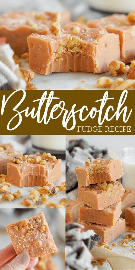 Easy Butterscotch Fudge Recipe! Smooth and Creamy Butterscotch Fudge with condensed milk! If you are looking for recipes with butterscotch chips, make this easy no-bake fudge! This is the PERFECT Fudge recipe for Fall and Christmas but you can make it all year long! #butterscotchrecipes #butterscotch #fudge #nobakefudge Spicy Fudge Recipes, Butterscotch Fudge Condensed Milk, Butterscotch Fudge Marshmallow, Sweet Condensed Milk Fudge, Butterscotch Candy Recipe, Butterscotch Christmas Treats, Quick And Easy Fudge Recipes, Butterscotch Fudge Recipes, Easy 2 Ingredient Fudge