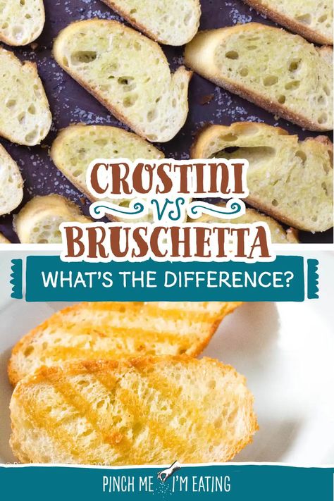 Crostini vs. Bruschetta: these are two terms often used interchangeably, but they're actually not the same thing! In this post, you'll learn the differences between these popular toasts used in so many Italian appetizers! Italian Crostini, Bruschetta Appetizer, Starter Dishes, Toasted Crostini, Crostini Appetizers, Crostini Recipes, Elegant Appetizers, Grilled Bread, Appetizers For A Crowd