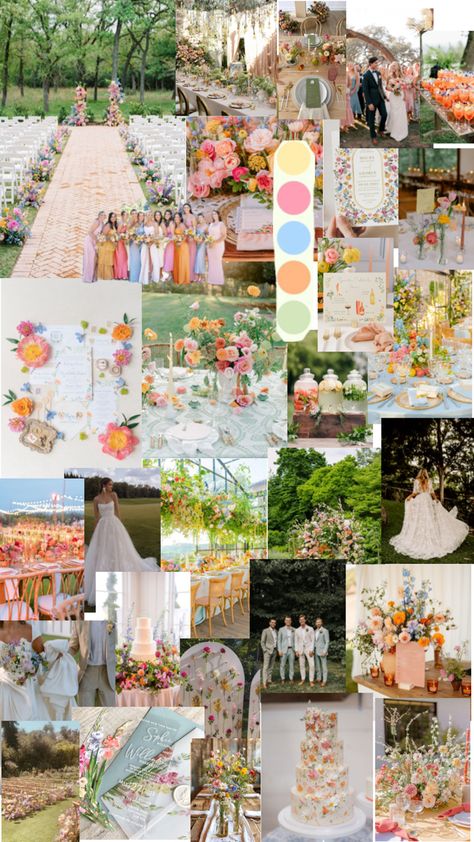 Wedding Color Inspo Spring, Wedding Venues Pastel, Gold And Wildflower Wedding, Gold And Pastel Wedding, Boho Pastel Wedding, Spring Whimsical Wedding, Spring Wedding Outside, Summer Wedding Bright Colors, Spring Wedding Colors Pastel