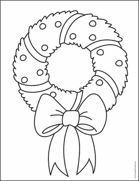 Easy How to Draw a Christmas Wreath Tutorial and Christmas Wreath Coloring Page · Art Projects for Kids Cool Art Drawings Christmas, Easy To Make Wreaths, Christmas Drawing Template, What To Draw For Christmas, Christmas Drawings To Color, Xmas Drawing Ideas For Kids, Christmas Decor Ideas Drawing, Easy Wreath Drawing, Christmas Pictures To Draw Easy