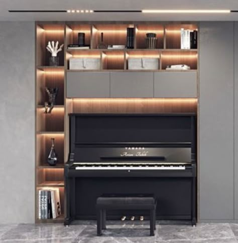 Piano Cabinet Built Ins, Bookshelves With Piano, Wall Piano Decor Ideas, Piano Storage Ideas, Piano Under Stairs, Modern Piano Room, Compact Living Room Ideas, Piano Bookshelf, Piano Cabinet