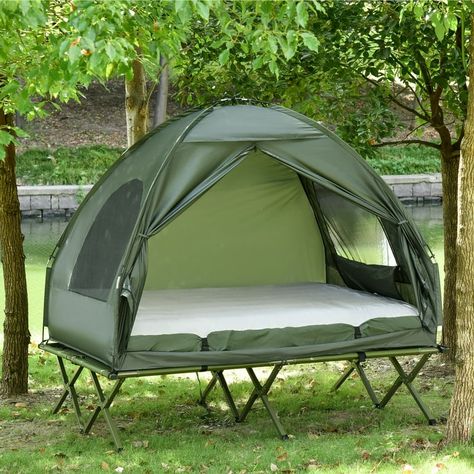 Outsunny 2 Person Foldable Camping Cot with Tent, Bedspread, Air Mattress - Walmart.com Camping Backyard, Tent Cot, Screen Tent, Tents Camping, Survival Ideas, Sleeping Cots, Camping Cot, Camping Set, Bed Tent