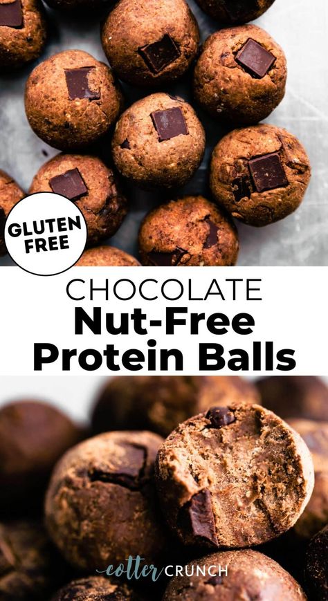 These Chocolate Nut Free Protein Balls are packed with health benefits from dates, and chocolate plant protein. Delicious and chewy, these no-bake bites are the perfect healthy gluten-free, nut-free, dairy-free lunchbox treat, post-workout snack, or afternoon pick-me-up! Make them in advance to enjoy throughout the week. Nut Free Protein Balls, Nut Free Breakfast, Chocolate Protein Balls, Protein Balls Healthy, Nut Free Snacks, Snack Balls, Protein Balls Recipes, Gluten Free Protein, Sugar Free Sweets