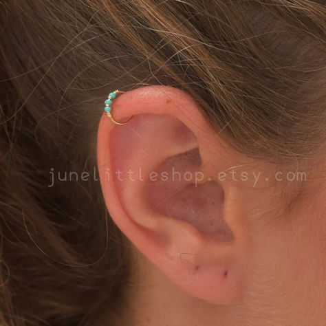 Helix Earring Hoop 14k Gold Filled Turquoise Helix Silver Helix Ring Gold Wrapped Helix Hoop With Turquoise Beads Helix Ring Cartilage Hoop - Etsy UK Helix Earing Idea, Fun Helix Earrings, Western Helix Earrings, 3rd Piercings, Opal Cartilage Earring, Helix Earrings Hoop, Piercings Nose, Helix Ring, Gold Nose Hoop