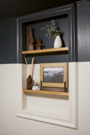 How To Add Chair Rail + Picture Frame Molding | The DIY Playbook Toilet Without Window, Small Bathroom Inspo Simple, Easy Half Bathroom Updates, Dark Windowless Bathroom, Bathroom Inspiration No Window, No Windows Bathroom, Basement Bathroom No Window, Guest Bathroom No Window, Small Bathroom Paint Ideas No Window