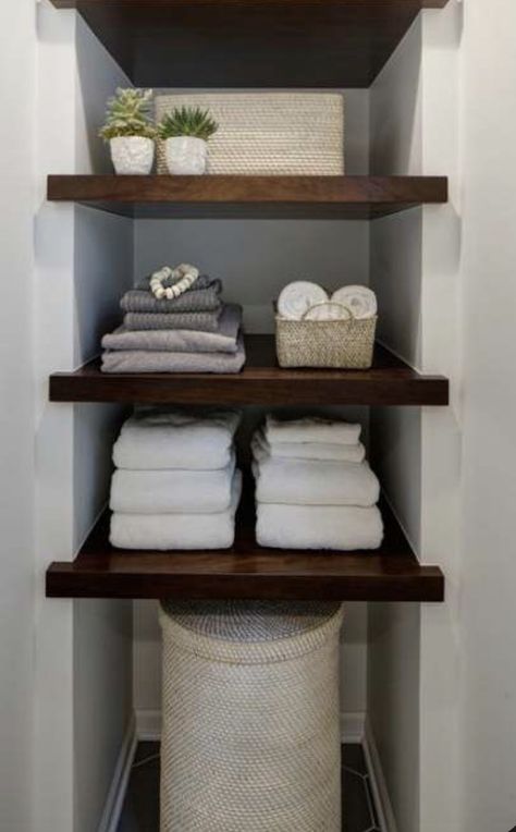 Diy Bathroom Storage Ideas, Bathroom Shelf Decor, Bathroom Retreat, Diy Bathroom Storage, Bathroom Organization Diy, Closet Organization Diy, Bathroom Closet, Modern Farmhouse Bathroom, Trendy Bathroom