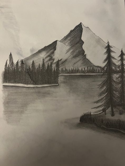 Easy Scenery Sketch, Art Drawings Sketches Pencil Landscape, Scenic Drawings Easy, Scenary Sketch Pencil, Sketch Ideas Landscape, Mountain Drawing Pencil, Nature Pencil Art, Mountain Drawing Sketches, Scenic Drawings