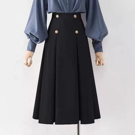 Emtrai Lers |Vetement Femme Korean Style 2023 Spring Autumn A-line Skirts Saia Pleated Skirt High Waist Button Suit Skirt Faldas Aesthetic Apricot-S High Waist Long Skirt, Fashion Umbrella, Umbrella Skirt, Pleated Shirt, Y2k Aesthetic Outfits, Long Skirts For Women, Black Midi Skirt, Black Midi, Mid Length Dresses