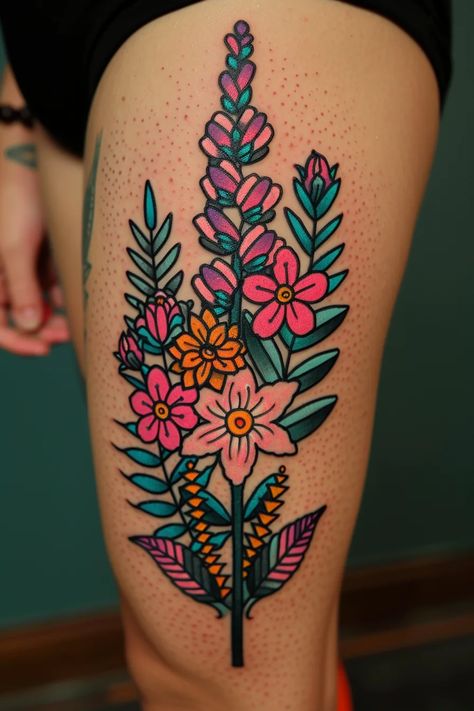 July Birth Flower Tattoo Ideas Tattoo Idea Sleeve Female, Large Traditional Back Tattoo, Stock Flower Tattoo, Tattoo Flash Sheet Flowers, Traditional Inspired Tattoos, Fine Line Wildflower Bouquet Tattoo, American Traditional Envelope Tattoo, Mexican Floral Tattoo, Traditional Style Flower Tattoo