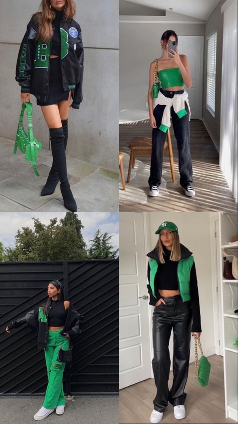 Paris Concert Outfit, Green And Black Concert Outfits, Fall Streetwear 2023, Green Outfit Aesthetic Black Women, Green Concert Outfit Ideas, Colorful Concert Outfit Ideas, El Alfa Concert Outfit, Koncerty Outfit, Green Outfit Concert