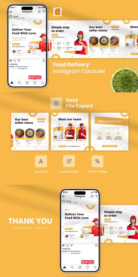 Instagram Design Carousel, Food Carousel Post, Delivery Instagram Post, Instagram Carousel Template, Facebook Carousel Ads, Carousel Template, Designer Grafico, Carousel Design, Food Delivery Business