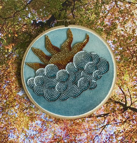 Beaded Sun Embroidery, Geode Embroidery, Beaded Embroidery On Fabric, Cloud Embroidery, Sun Embroidery, Embroidery Hoop Wall Art, Hand Beaded Embroidery, Diy Bead Embroidery, Tambour Embroidery