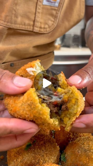 Brandon Gouveia on Instagram: "Beef and cheese stuffed plantain balls! sweet plantain meets savory beef,  Y’all know I love me some plantain this was truly perfection! full recipe down below 👇🏾 
#plantainball  #cheesybeef #plantain 
Ingredients 
 4 Ripe Plantains 
 3 tablespoons Cornmeal
2 teaspoons ground allspice 
Salt and pepper to taste 
16 oz grass fed Ground beef 85/15
3 tablespoons Worcestershire sauce 
½ teaspoon ground allspice for beef 
¼ teaspoon ground coriander 
1 ½ teaspoon Ground Cumin 
1 teaspoon onion powder 
2 tablespoon Tomato paste 
3 sprigs fresh thyme leaves 
½ red onion, diced 
1 bell pepper fine diced 
3 garlic cloves,minced 
1 Scotch bonnet, minced
⅓ cup chopped parley for garnish 

Breading station 

1 cup Flour 
3 eggs beaten
1 cup Panko bread 
Mozzarella chees Plantain Balls Recipe, Stuffed Plantain Recipes, Stuffed Plantains, Plantain Balls, Pancake Bites, Ripe Plantain, Scotch Bonnet, Puerto Rican Recipes, Island Food