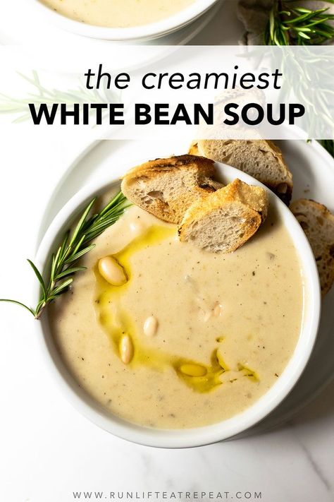 Creamy White Bean Soup is a delicious dish made with potatoes, beans, onions, garlic, broth, spices, and milk. This comforting soup is the perfect weeknight dinner and is ready to eat in just 25 minutes. It's packed with flavor and has a creamy texture that everyone in your family will love. Creamy White Bean Soup, Garlic Broth, White Bean Puree, White Bean Soup Recipes, Comforting Soup, Ham And Beans, Pureed Soup, Ham And Bean Soup, White Bean Soup