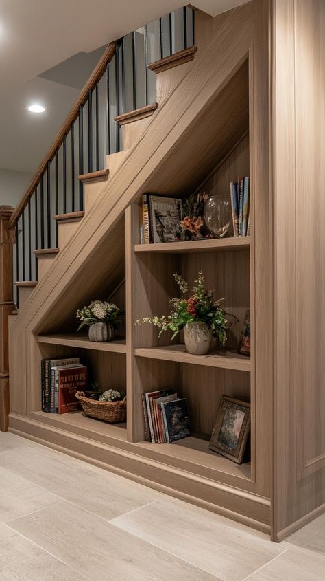 Built In Shelves On Staircase Wall, Basic Finished Basement, Open Shelves Under Stairs, Shelf In Stairwell, Built In Bookcase Under Stairs, Stairwell Bookcase, Basement Hidden Room, Stairwell Storage, Finished Basement Apartment Ideas