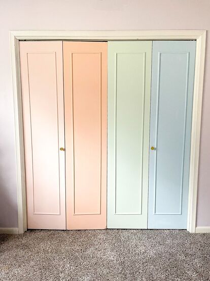 Colourful Closet Doors, Wardrobe Doors Makeover Diy, Closet Designs Door, Door Alternatives Diy Bedroom, Painted Closets Inside, Pink Closet Doors, Door Painting Ideas Bedroom Aesthetic Easy, Marceline Room, Closet Door Colors